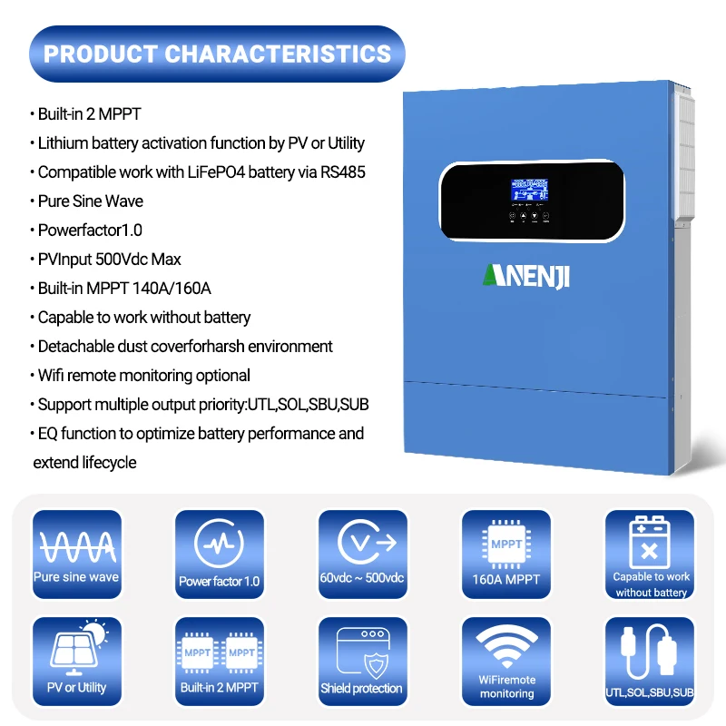 ANENJI 11KW Solar Inverter 48V High Power Off / on Grid Inverter 230VAC Dual PV Input Built-in 160A MPPT Solar Charge Controller