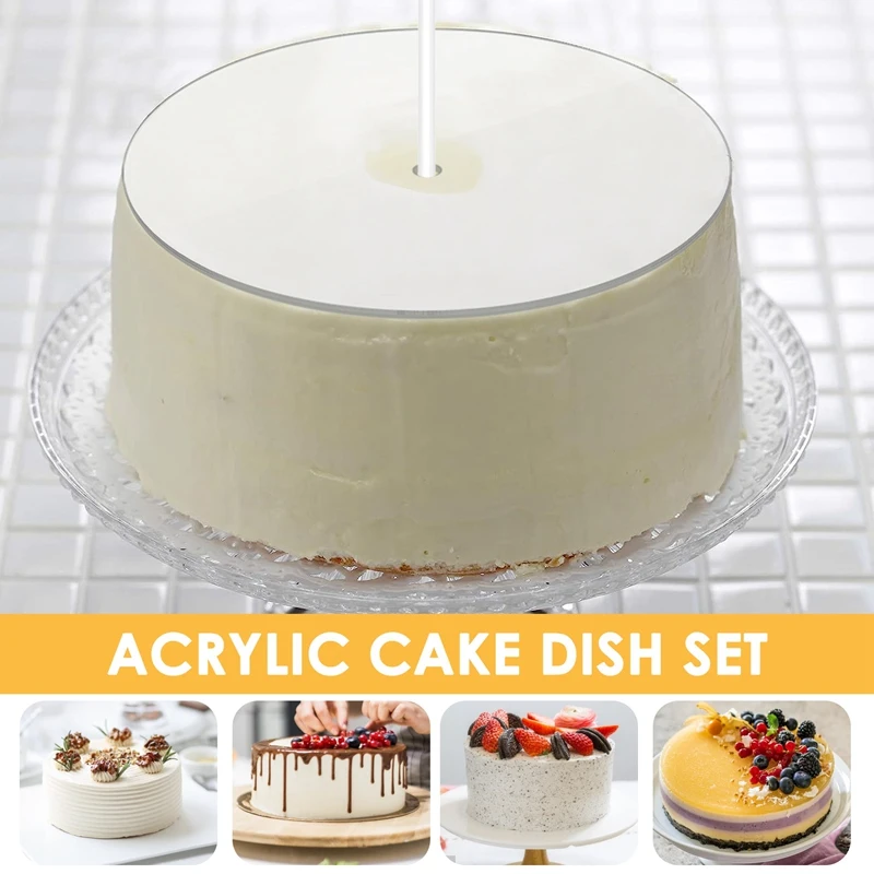 A74E-Acrylic Round Cake Disk Set - Cake Discs Circle Base Boards With Center Hole - 2 Comb Scrapers (4 Patterns) & Dowel Rod