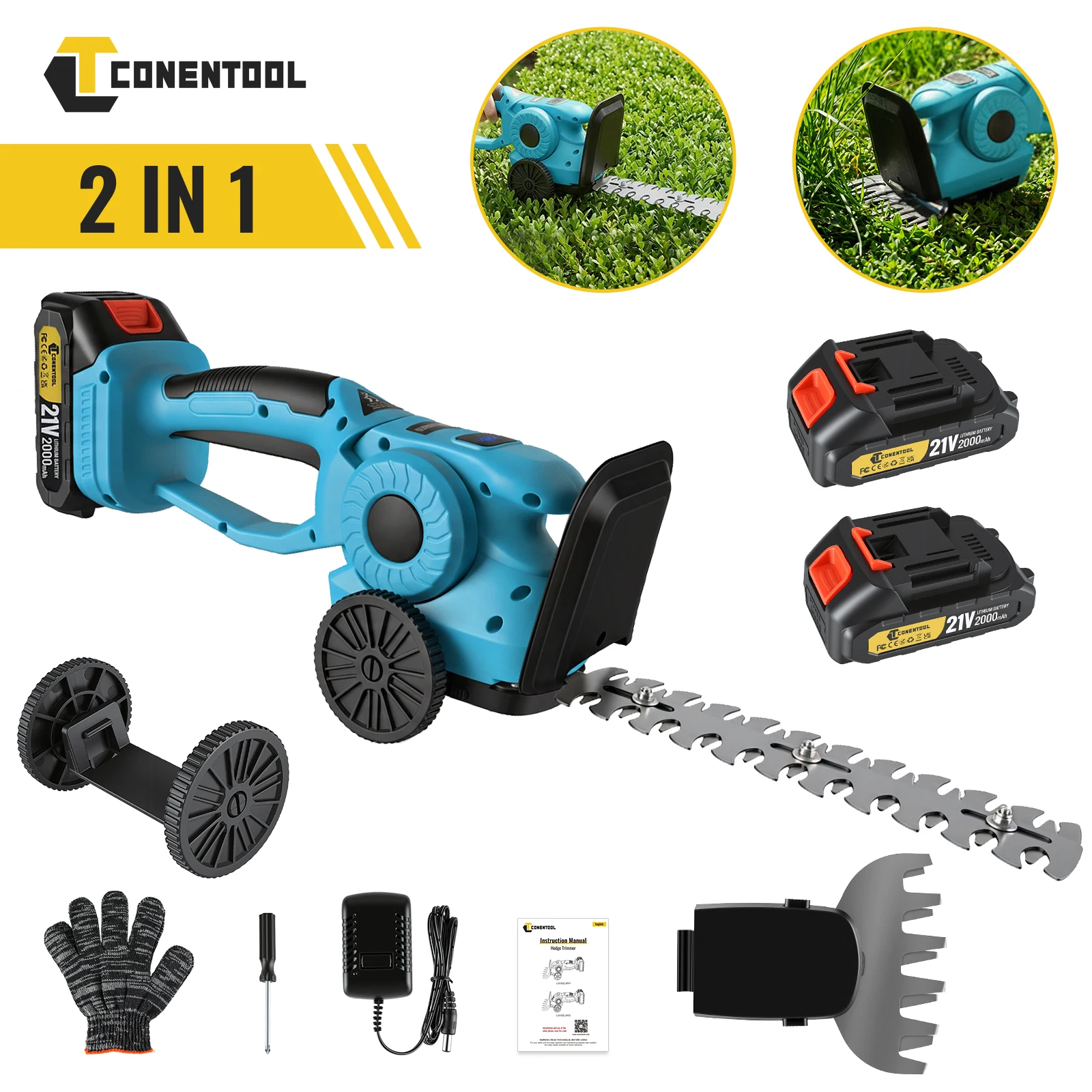 CONENTOOL 2in1 21V Cordless Hedge Trimmer 20000RPM 9 Inch Electric Shrub Pruning Shears Grass Cutter for Makita 18V Battery Pin