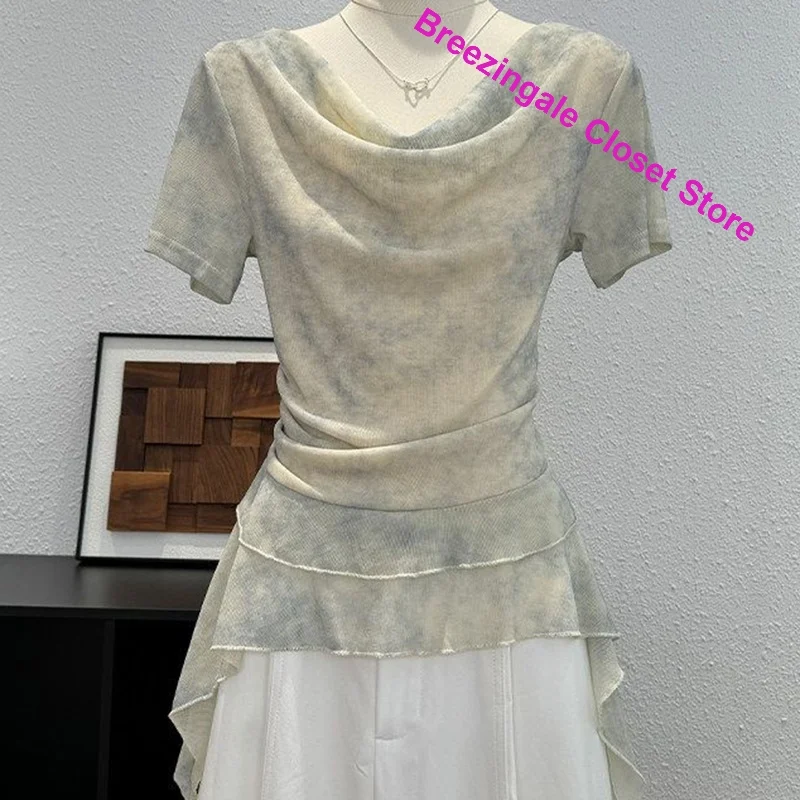 French gauze tie-dyed short-sleeved T-shirt with swinging collar for women's summer irregular ruffled slim and age-reducing tops