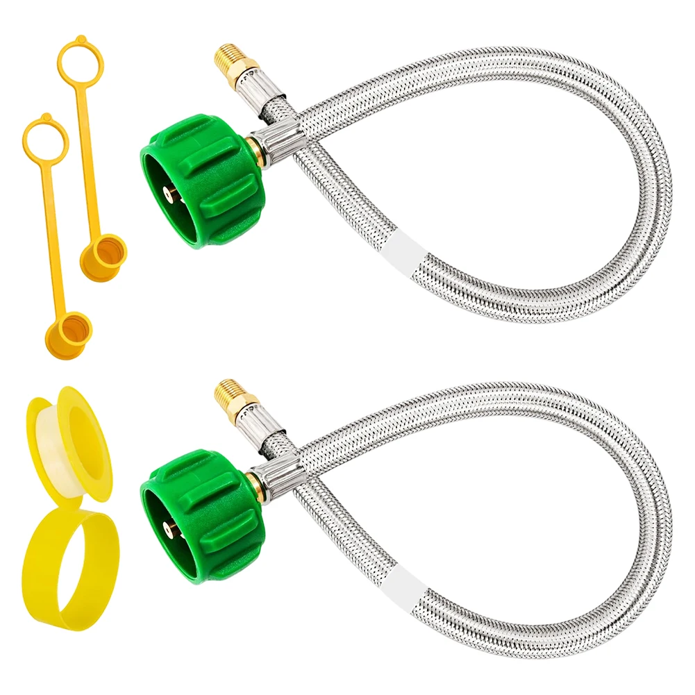 RV Propane Hose Kit 2 Pack Designed for Dual 20 lb 40 lb Propane Tanks with Brass Fittings and Color Coded Pressure Indicator