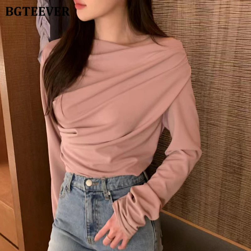 BGTEEVER Elegant Slash Neck Women Pullovers T-shirts Long Sleeve Loose Female Tops Spring Fashion Ladies Tees