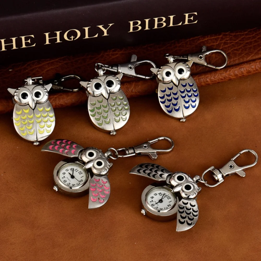 أزياء الوجه نمط قلادة شنقا ووتش صغيرة لطيف البومة المفاتيح ساعة الجيب على سلسلة الكرتون الأطفال الساعات ارتداء اليومي