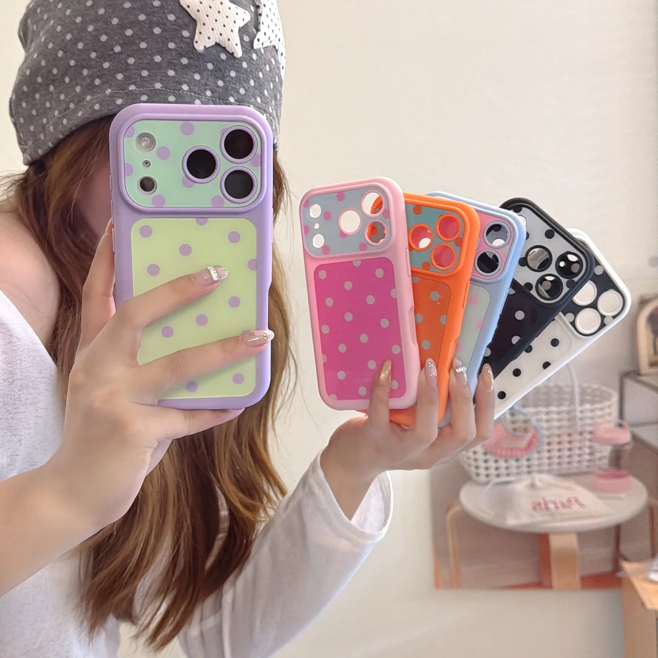 Cute Multicolor Polka Dot Phone Case for iPhone 17 16 15 18 Pro Max Contrast Color Frame Shockproof Protective Cover