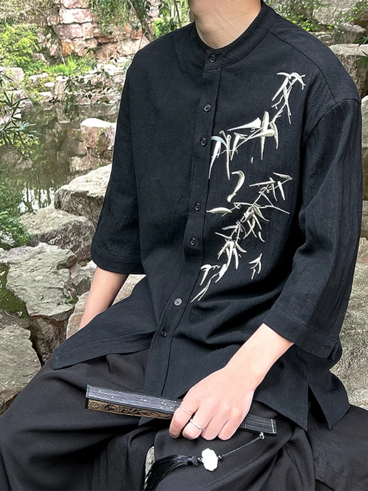 

Loose Fit Men's irt New Chinese Sle Summer Breathable ort Sve Stand Collar Button down Tang Costume Jaet Outerwear