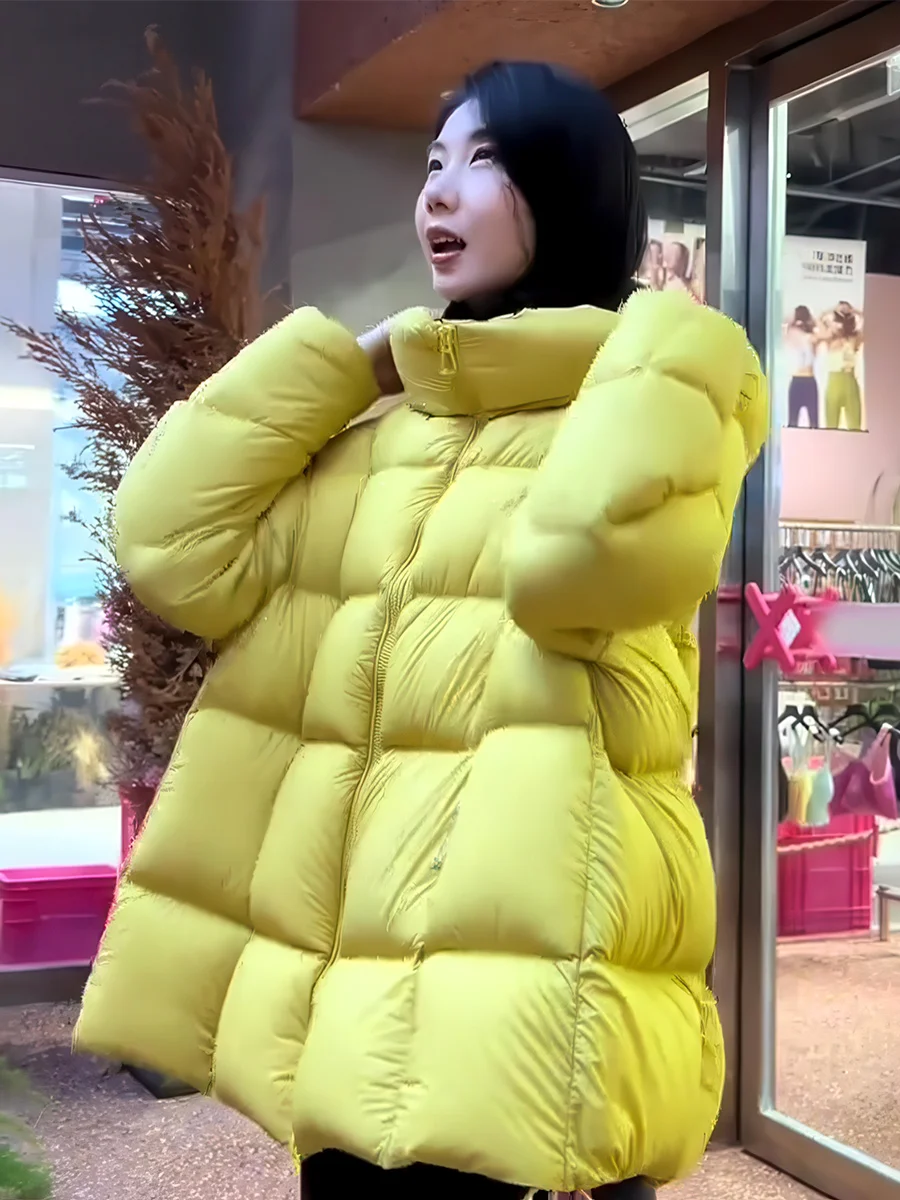 

Yellow Puff Bread Sle Thiened Winter down Jaet Women's Casual Loose Fit Long Sve Zipper Closure Warm Coat Outerwear