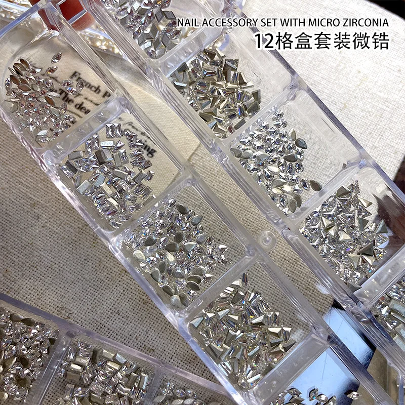 12-roosters Mix vormen Sparkle Mini afgeschuinde zirkoon plaksteen diamanten Nail Art strass decoraties manicure ornamenten set