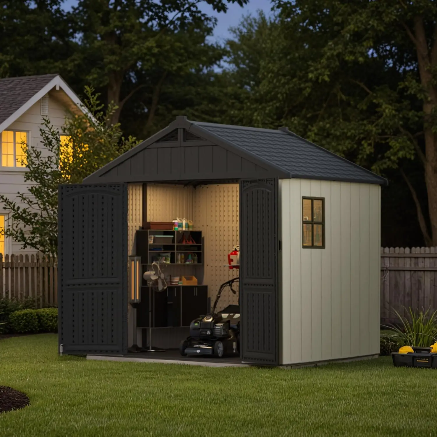 l 8 x 6 FT Resin Outdoor Storage Shed with Floor Large Shed with Light and Lockable Door for Garden Backyard