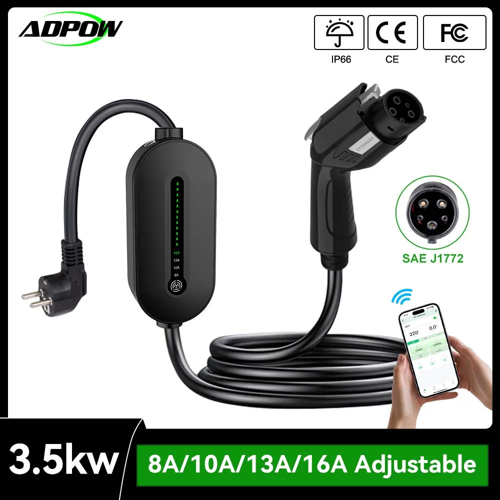 

ADPOW 3.5KW EV Charger Portable Type1 APP Control 16A SAE J1772 Adjust Current EVSE Charging with Schuko Plug for Electric Car