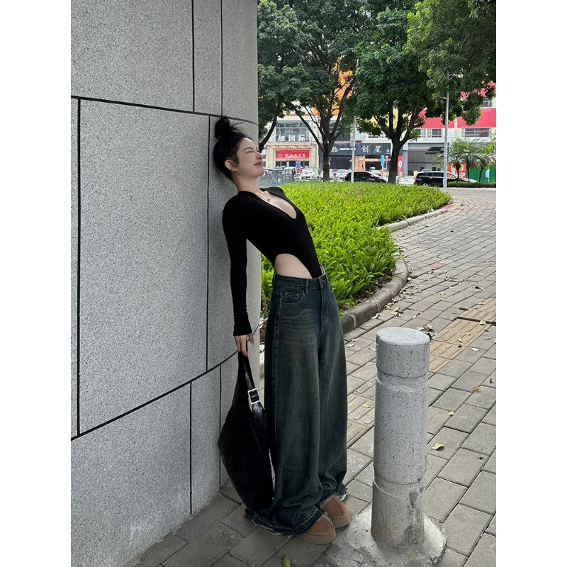 

Американский сексуальный облегающий боди с длинным рукавом и U-образным вырезом для женщин, базовый слой, весенняя футболка, купальник с высокой талией, короткий