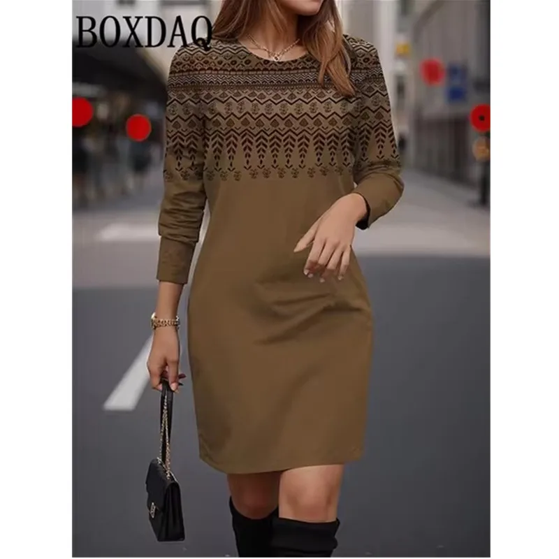 Women Autumn O-Neck Long Sleeve Mini Dress 3D Retro Ethnic Printed Dress XXS-3XL Big Size Simple Casual Dress Vestidos De Mujer