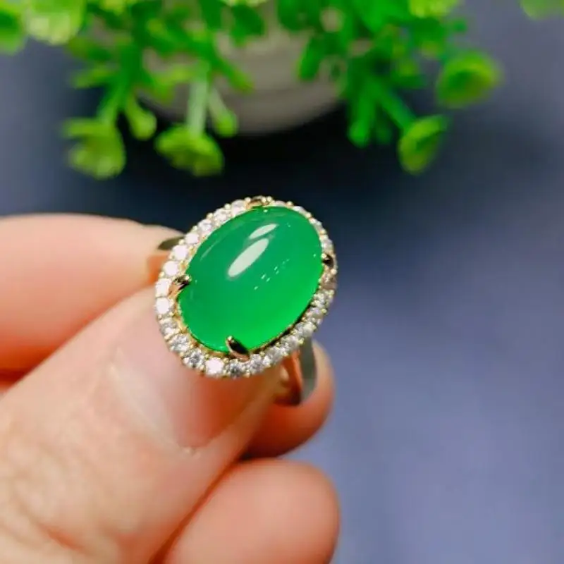 Natural Green Jade Ring Adjustable Size Women Band Genuine Chrysoprase Inlaid Zircon Jades Rings Jewelry Ladies Gifts