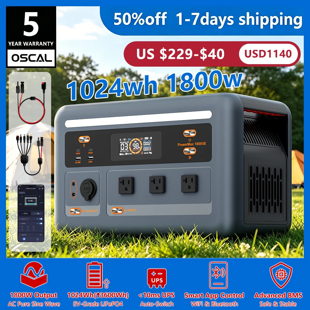 OSCAL PowerMax 1800se 1800W/120V Portable Power Station 1024Wh LiFePO4 Continuous 3600W Surge 1H Fast Charge UPS Solar Generator APP Control for Home Hurricane Camping RV