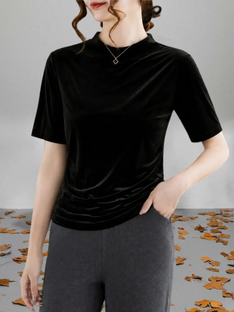 Early Autumn plus Size Slim Fit Commute T-Shirt Women's Half High Collar Velvet Base Shirt Simple High-End Sensation Casual S...