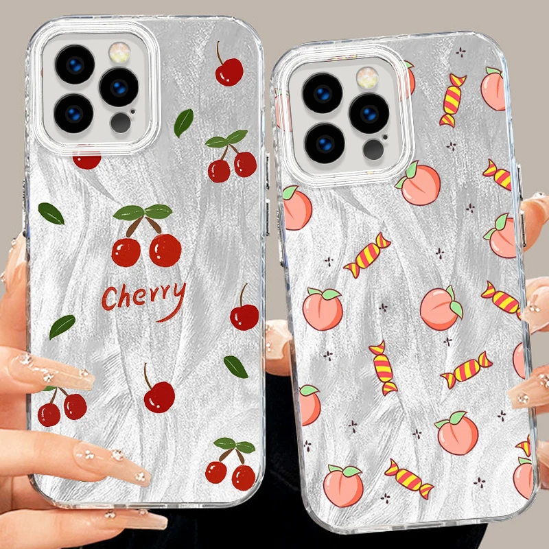 

Fruit Peach Cherry Printing For iPhone 15 14 13 12 11 XS X XR 8 7 Pro Max Plus Feather Yarn Cover Phone Case