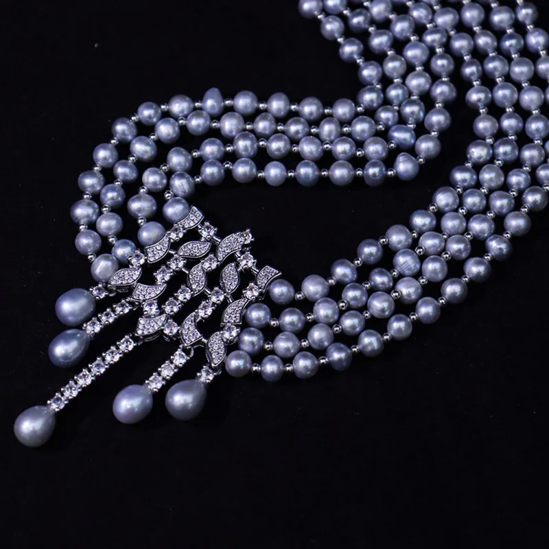 

081 Fashionable Elegant Grandma Gray Freshwater Pearl Necklace Collarbone Chain Evening Dress Standard Elegant