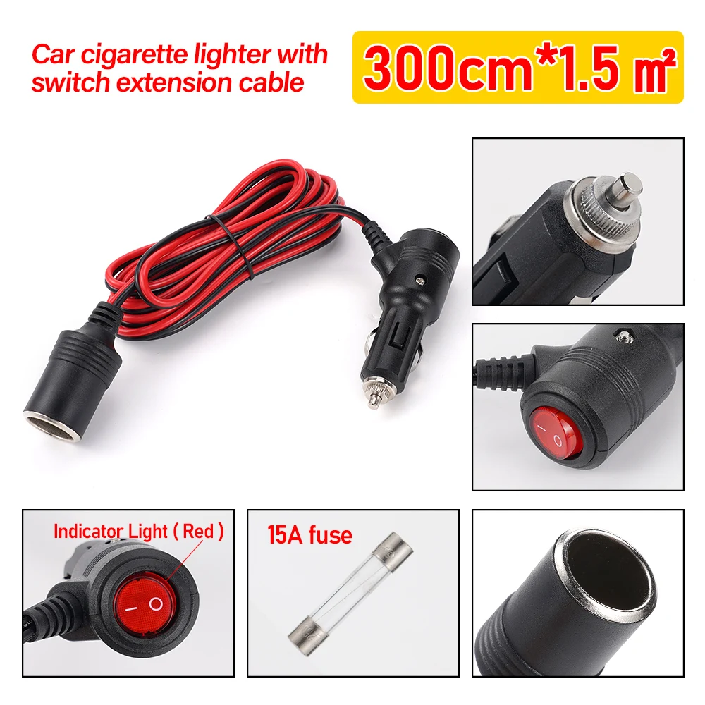 15A Car Cigarette Lighter with Switch Extension Cable 12V 24V Insurance High-Power Cigarette Lighter with Switch Extension Cable