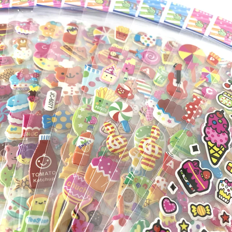 12 Sheets/Pack Cartoon Cake Candy Ice Cream Pattern Stickers Toy Kids Scrapbooking Bubble PVC  3D Kawaii Sticker For Girls Gift