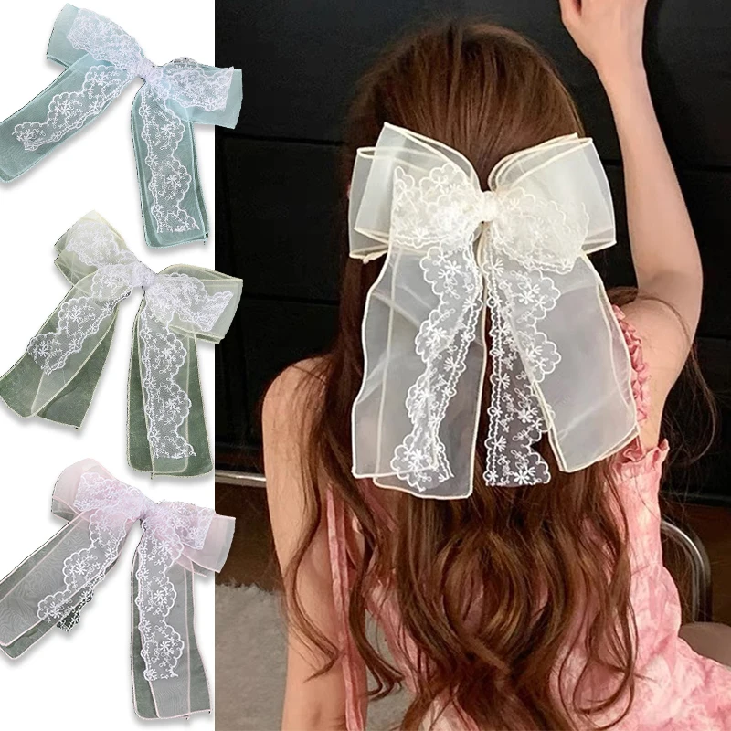 

See Through Chiffon Bow Hairpin Women Korean Sweet Lace Mesh Yarn Big Bowknot Ribbon Hair Clip Temperament Hair Accessories