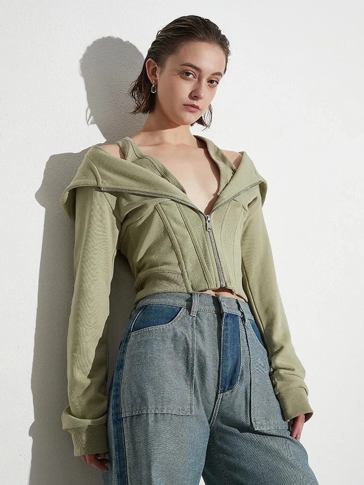 TWOTWINSTYLE felpa Casual con cerniera impiombata solida per le donne felpe con temperamento minimalista a maniche lunghe con cappuccio femminile