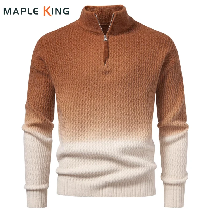

Man Designer Sweaters Stand Collar Gradient Color Zipper Pullovers Knitwear 2026 Spring Autumn Warm Mens Jerseys Pull Homme