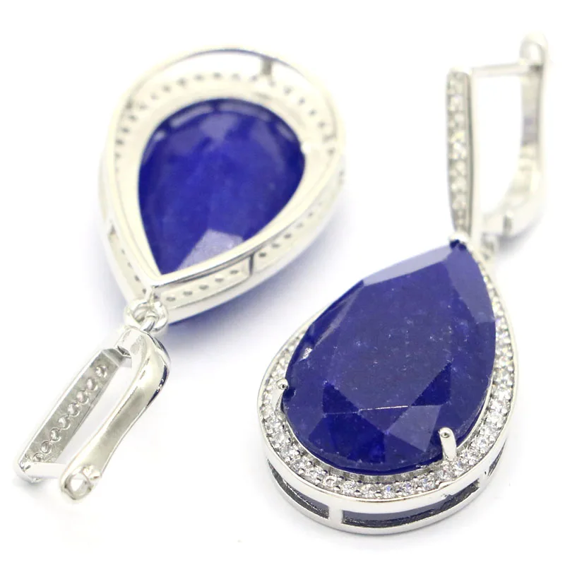 42x18mm Prevent Allergy Big Gemstone Real Blue Sapphire Red Ruby CZ Women Dating Silver Earrings