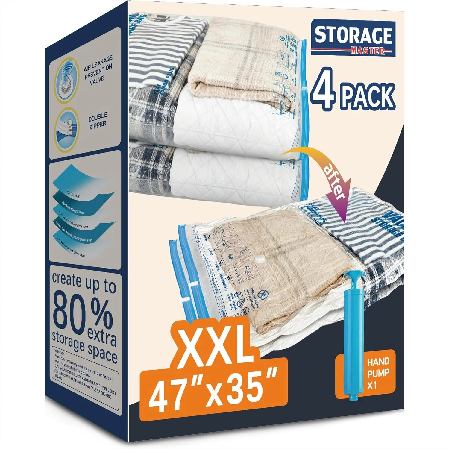 

Jumbo Vacuum Storage Bags 47x35 Inches for Comforters, Blankets, Bedding with Hand Pump