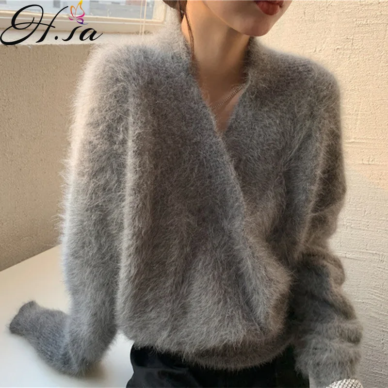 Hsa 2022 Women Spring Knitwear Sweater Jumpers Mohair V-neck Mink Fur Sweater Pullover Korean Solid Fake Fur Chic Sweater Coat