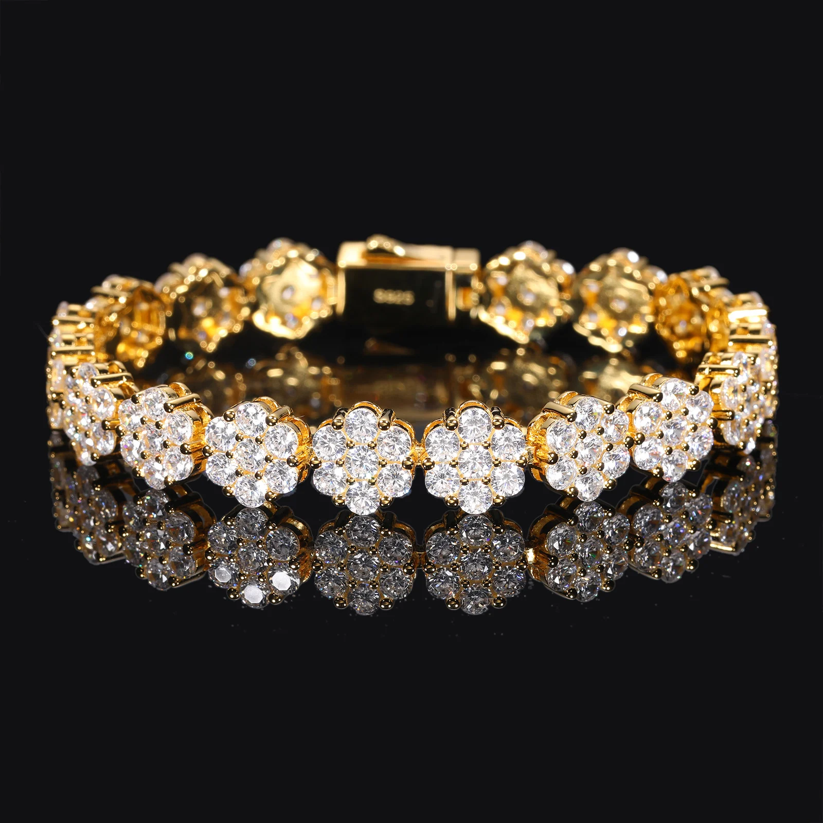 Hot Trending 9mm 925 Sterling Silver VVS Moissanite Diamond Iced Flower Tennis Bracelet Kids Gold Plated Hip Hop Style Men Women