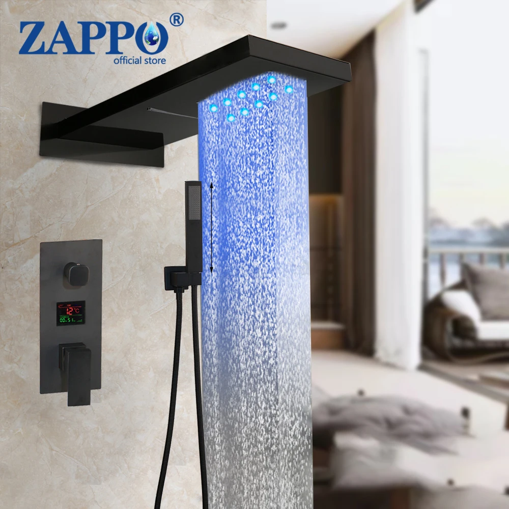 ZAPPO LED Matte Black Shower Faucet Rain Square Shower Head Waterfall Shower Faucets Set Without Bathtub Mixer Hot Cold Tap