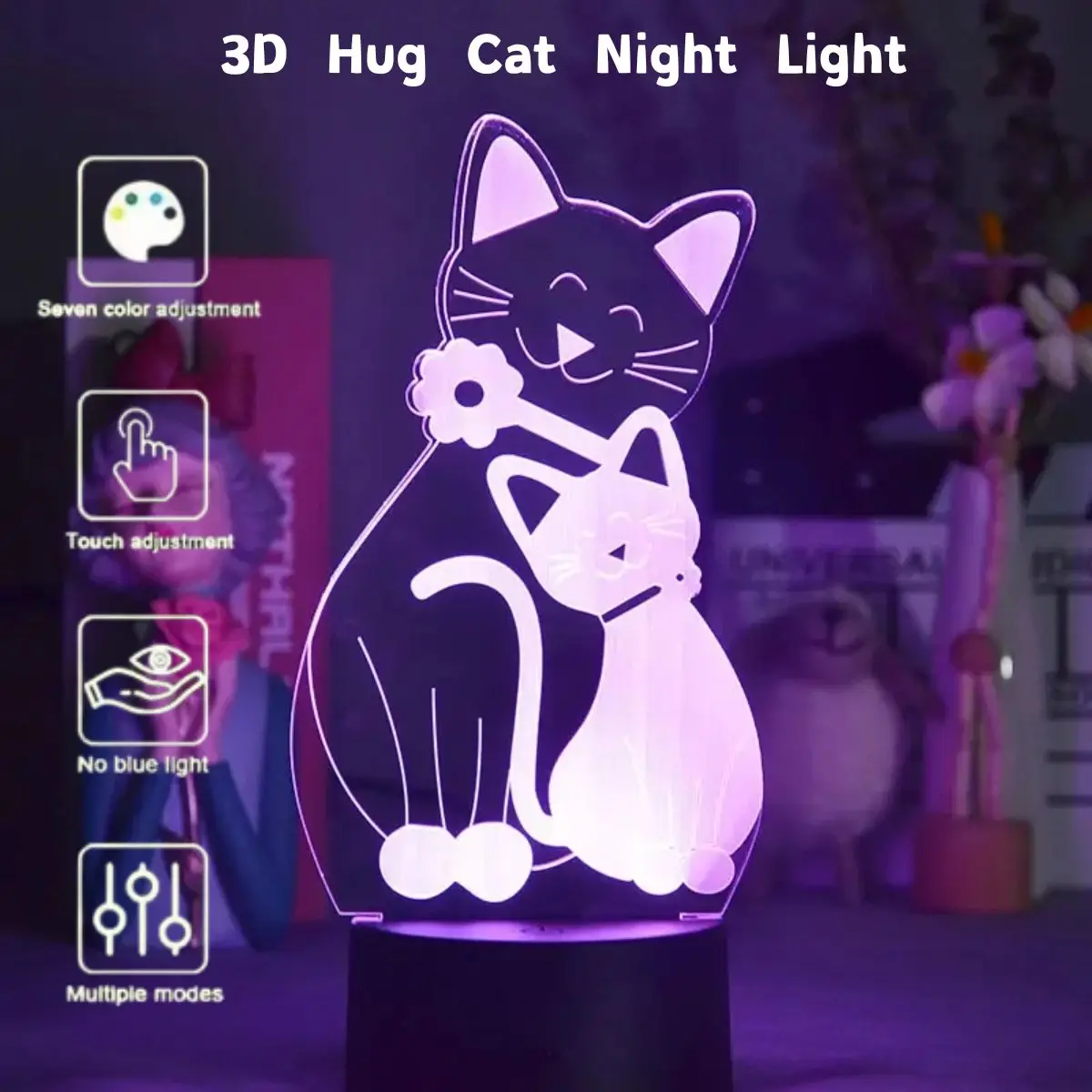 USB cat 3D night light with 7-color touch mode, color changing atmosphere, night light, bedroom decoration, gift table light