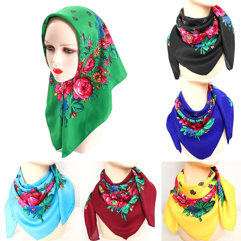 

Women National Square Scarf Russian Retro Floral Print Head Scarves Bandana Foulard Femme Muslim Headwrap Babushka Scarf 70*70cm