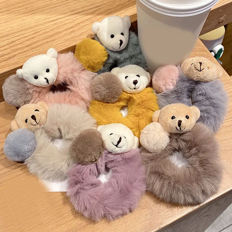 Cute Cartoon Bear Hair Scrunchies Pompom Hair Tie Winter Furry Elastic Hair Bands Ponytail Holders Women Girls Hair Accessories