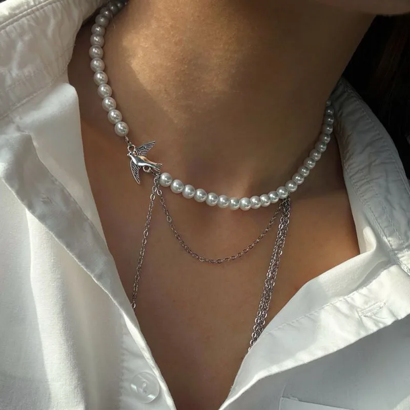 Elegant Multilayer Tassel Chain Pendant Necklace For Women Vintage Creative Imitation Pearl Chocker Necklace Wedding Jewelry