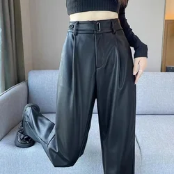 Fashion Pu Leather Pants Women Spring Autumn Trousers 2025 New High Waist Straight Loose Wide-Leg Pants Female