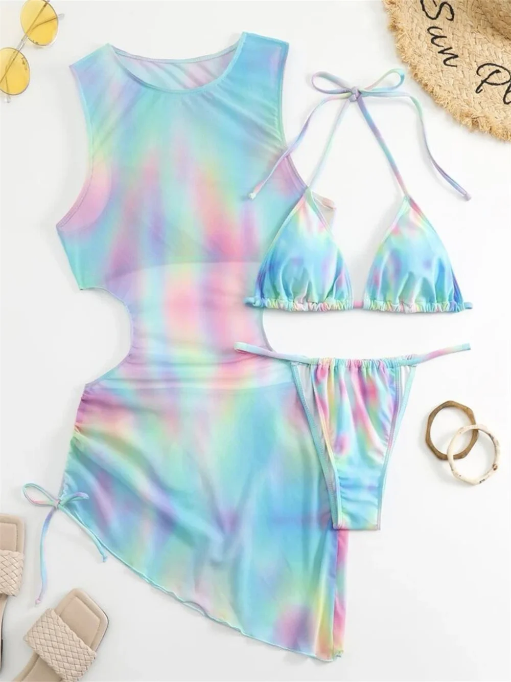 Gradient Printed Chiffon Dress Bikini Three-piece Swimsuit Women Vacation Swimwears Cut Out String Beachwear Outfit Bathing Suit