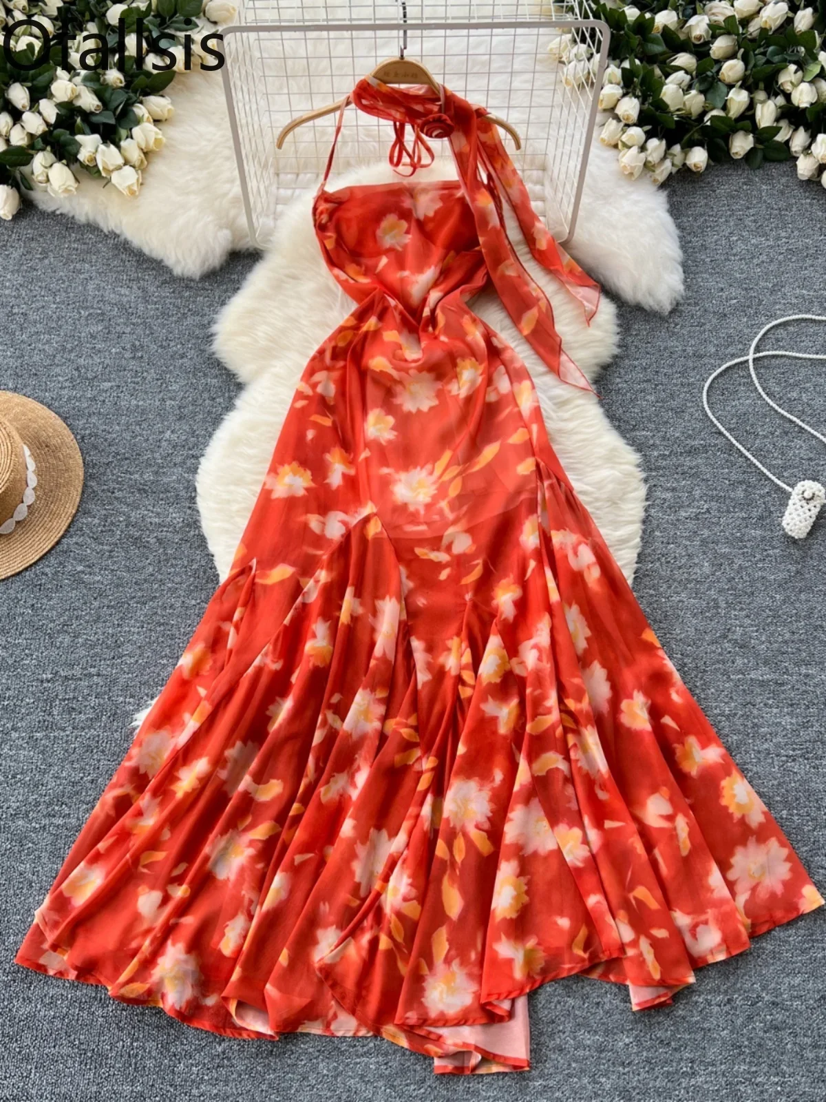 Ofallsis French Style Temperament Floral Printed Dress 2024 Summer New Waist Slim Camisole Irregular Ruffle Ribbon Long Dresses