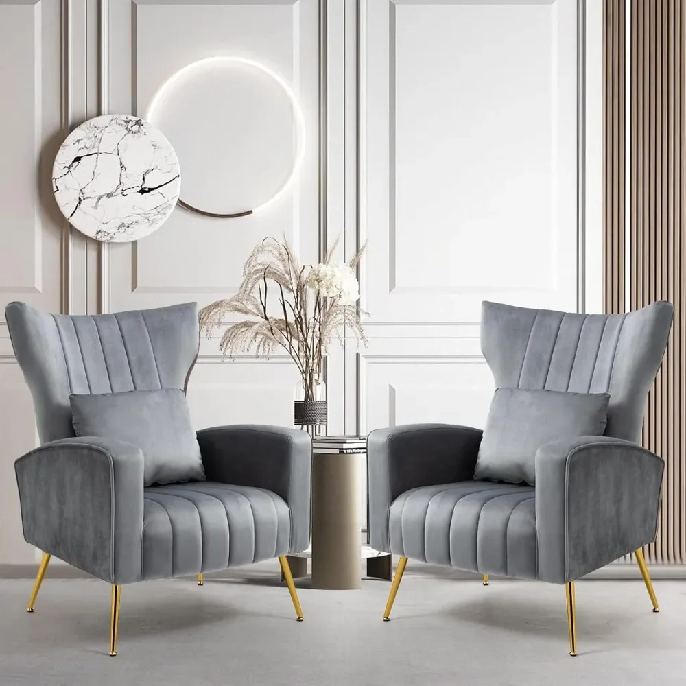 

Modern Velvet Accent Chair Set of 2 with Lumbar Pillow,High Back Armchair Arm Chair with Gold Metal Legs,Grey,Living Room Chairs