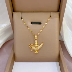 Stainless Steel Magic Lamp Crystal Necklace Trendy Jewelry Kids Cartoon Goid Pendant Vintage Long Chain Necklaces Women Gift