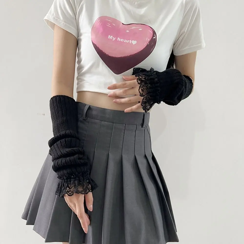 الموضة اليابانية نمط Y2K الدانتيل طويلة الأكمام Harajuku الشرير JK لوليتا أكمام أذرع تبريد الحلو القوطية قفازات محبوكة الفتيات