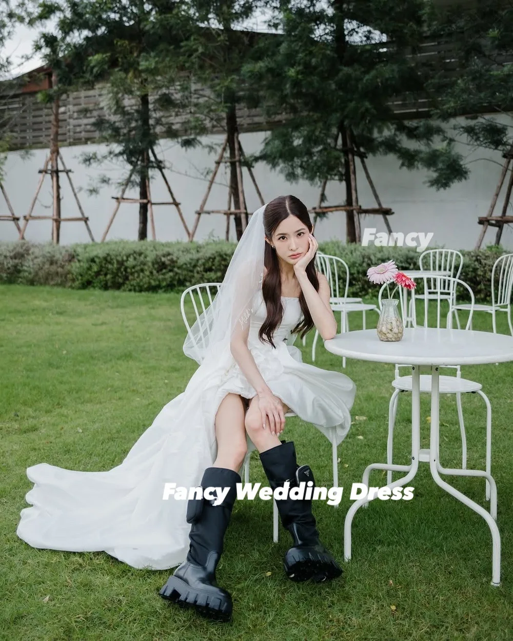 يتوهم كوريا بسيط فستان الزفاف التفتا كوريا حديقة التقطت الصور ألف خط ثوب الزفاف حمالة الظهر مشد مخصص #5