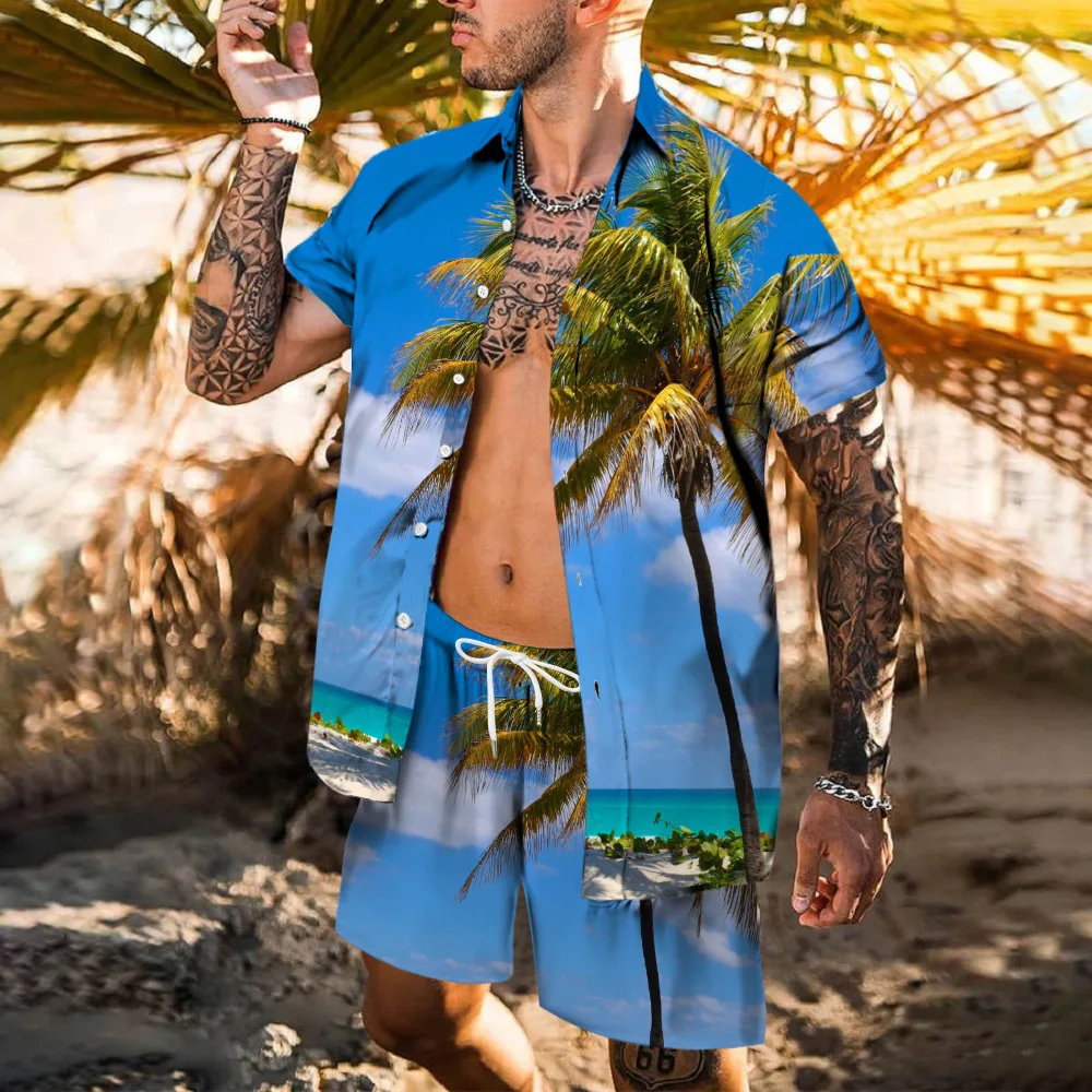 Strand gedruckt Hawaii Set Herren 2 Stück Hemd 3D-Druck lose Freizeit Kurzarm Strand Shorts Shirt Urlaub Mode zweiteilig Set