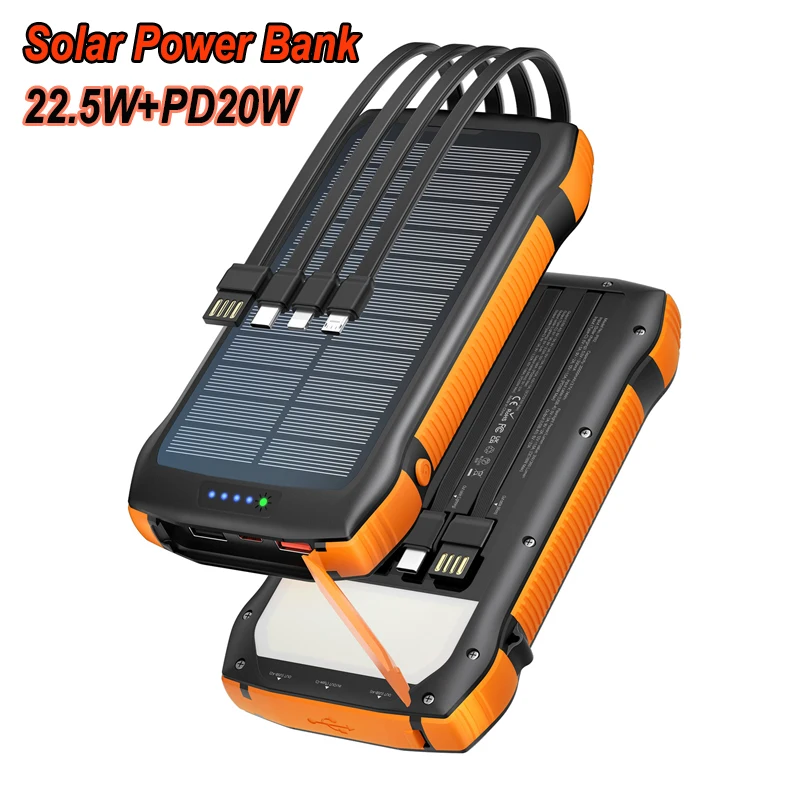 

Solar Power Bank 20000mAh 22.5W Fast Charging Portable Charger External Battery with Cable Light for iPhone 17 Samsung Powerbank