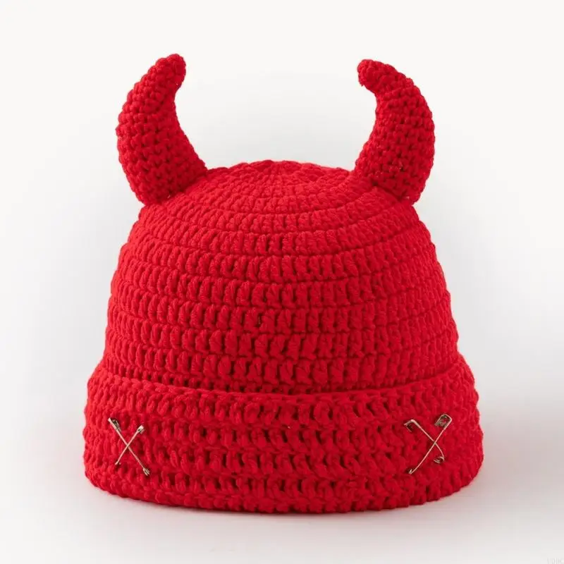 Unisex Devil Horn Cap for Halloween Outfit Wear, Brimless Crochet Hat with Front Pin Accent for Fall Daily Styling Y166
