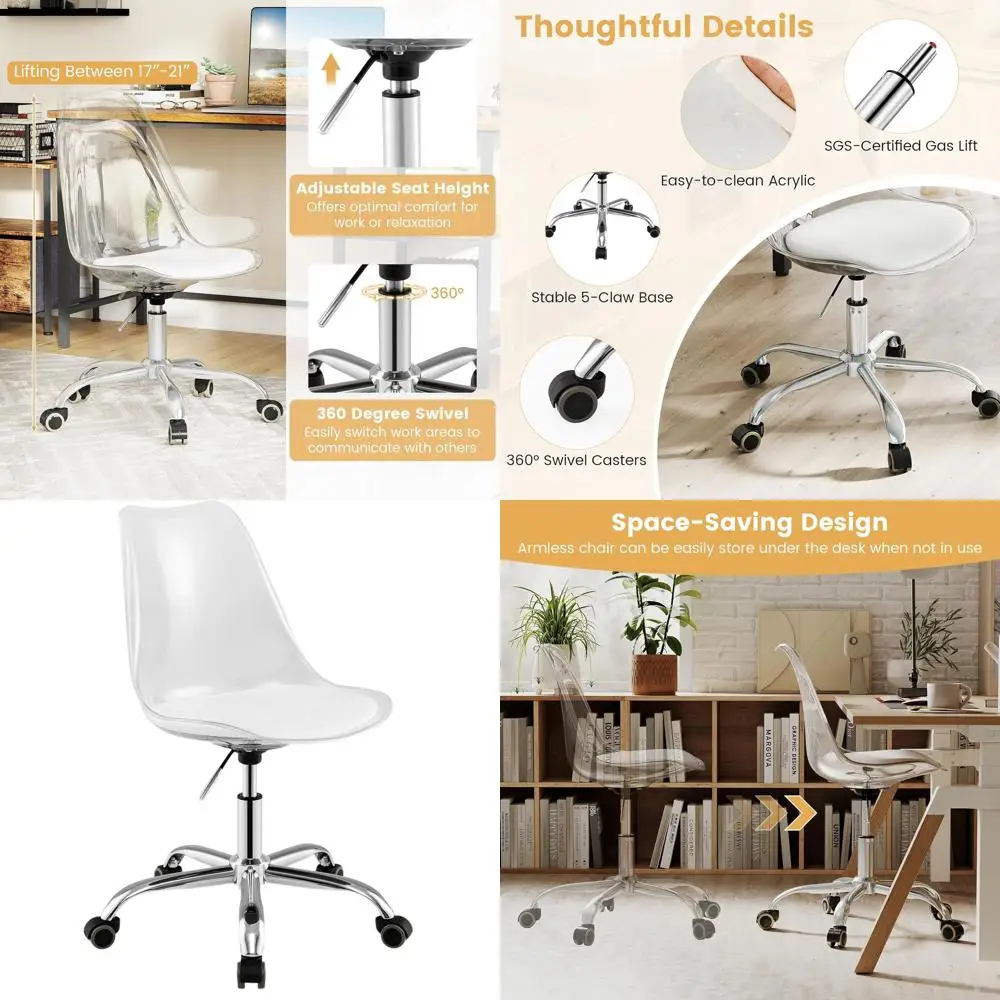 

Современное прозрачное акриловое поворотное кресло с сиденьем из искусственной кожи, компактное офисное кресло на колесиках для дома, макияжа и небольших помещений