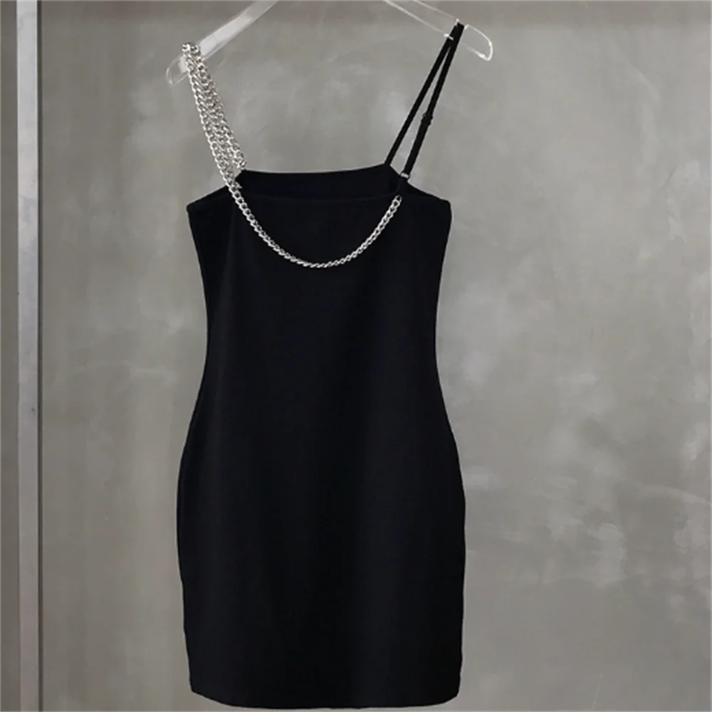

Sexy chain solid color bottom women dress suspenders back dress stretch party