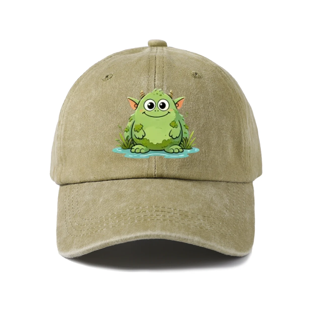 Cute Green Frog Graphic Baseball Cap, Vintage Washed Adjustable Unisex Dad Hat, Everyday Gift