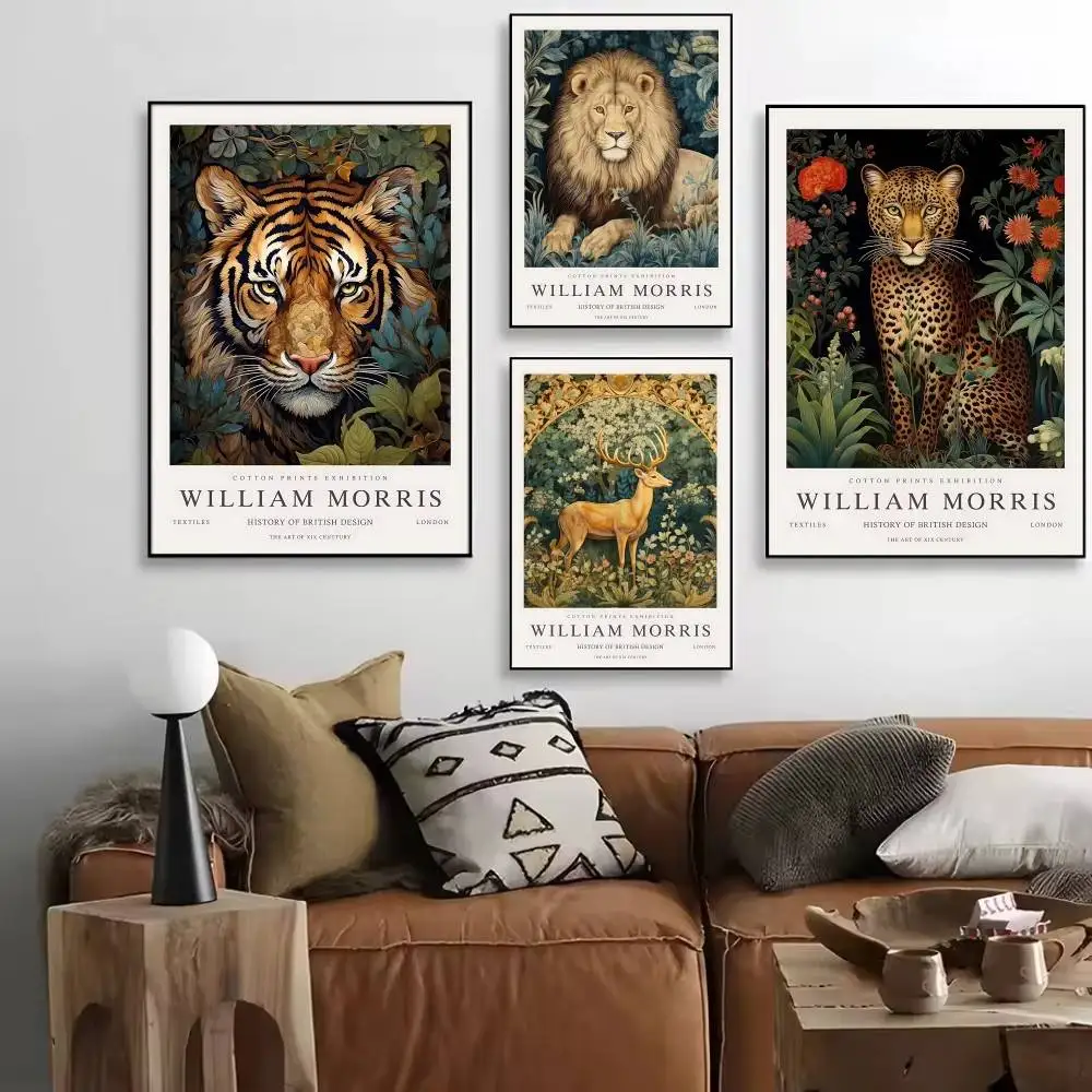 William Morris Animal Tiger Lion Leopard Fox Posters High Quality Self-adhesive Wall Art Decorations Color Prints Sticky