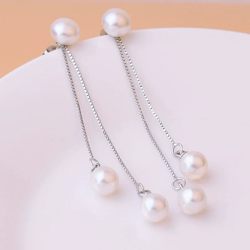 2024 new popular pearl AAAA5-6mm natural Japanese round pearl tassel long earrings, a pair of dual-use 925s