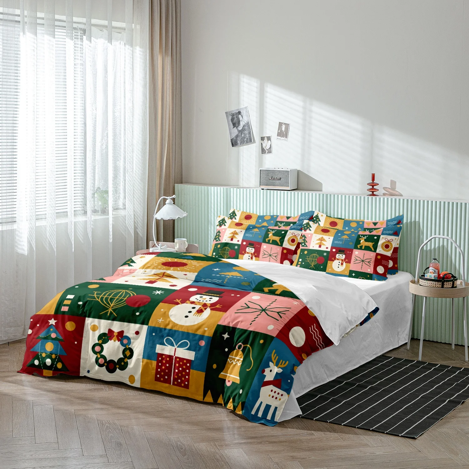3Pcs Colorful Geometric Block Snowman Reindeer Christmas Tree Wreath Bell Gift Print Duvet Cover Set, Christmas Geometry Bedding
